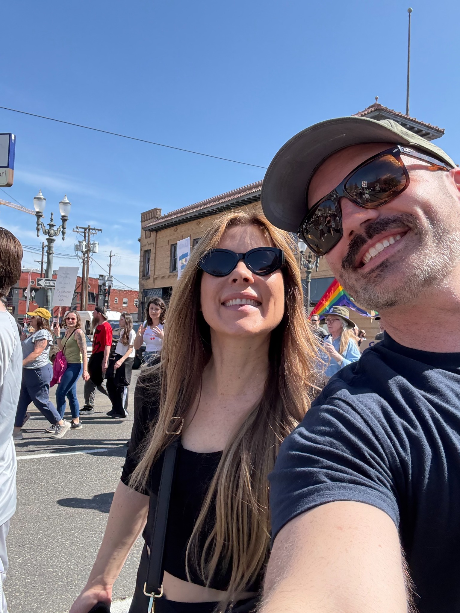 Marching during a Pride parade